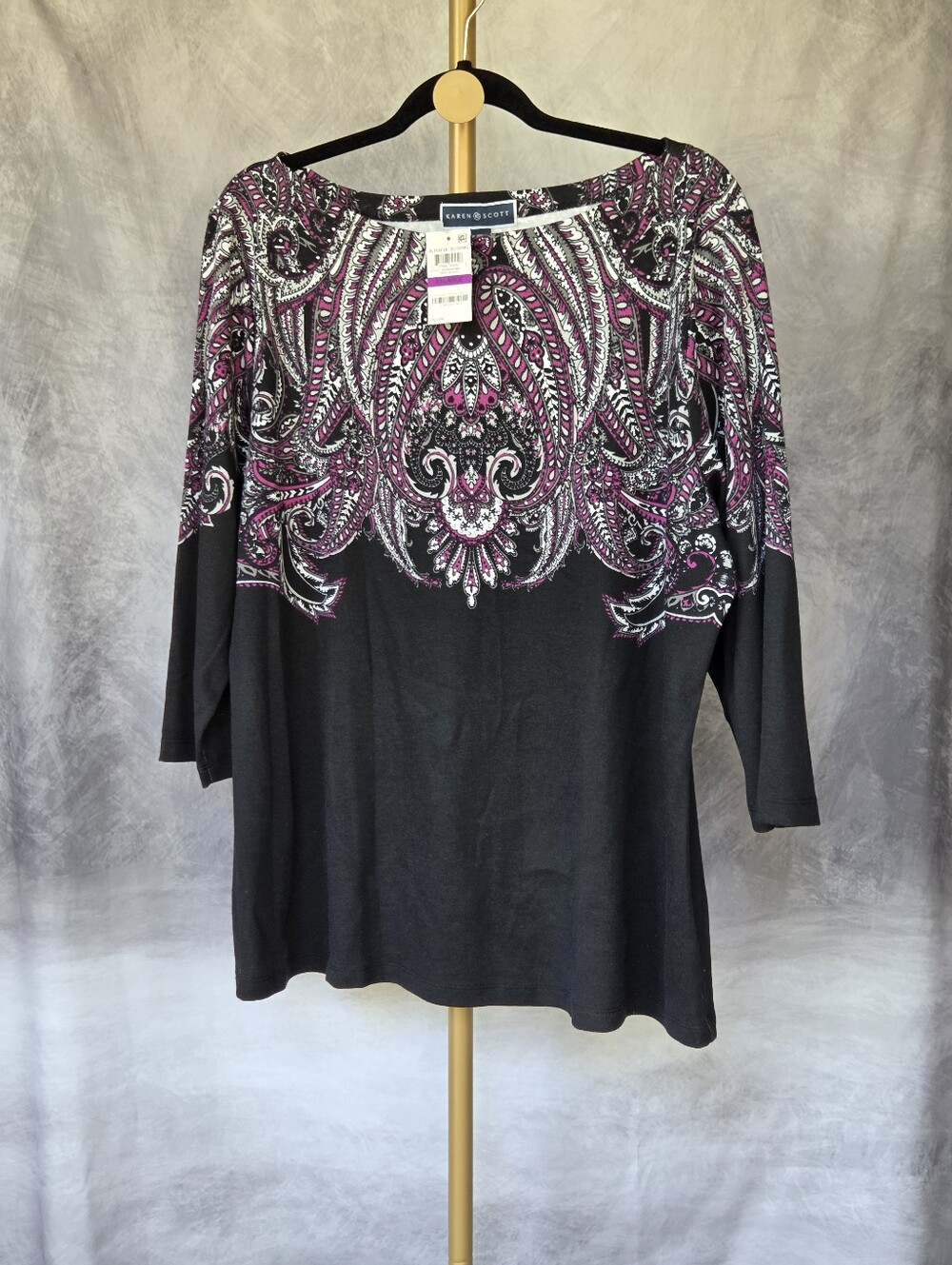 Gorgeous Karen Scott Women's Black Paisley Print Knit Top 3/4 Sleeve Sz XXL(NWT)